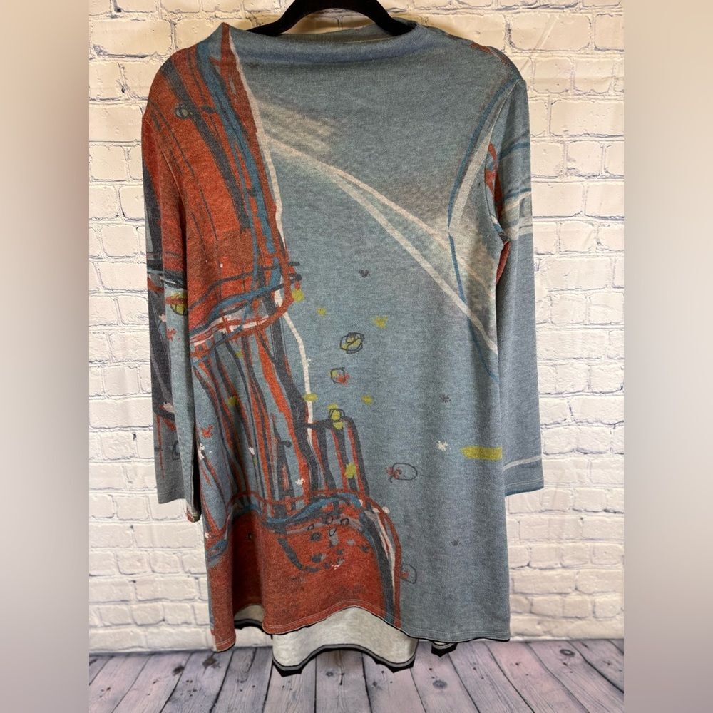 3 Potato Slate Blue Rust Loose Fit Artsy Lagenlook Coastal Grandma Knit Top S/M